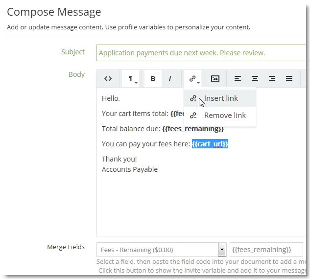 To add a link, highlight the text and click the link icon