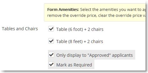 New Hide and Require options for each amenity type displayed on a form.